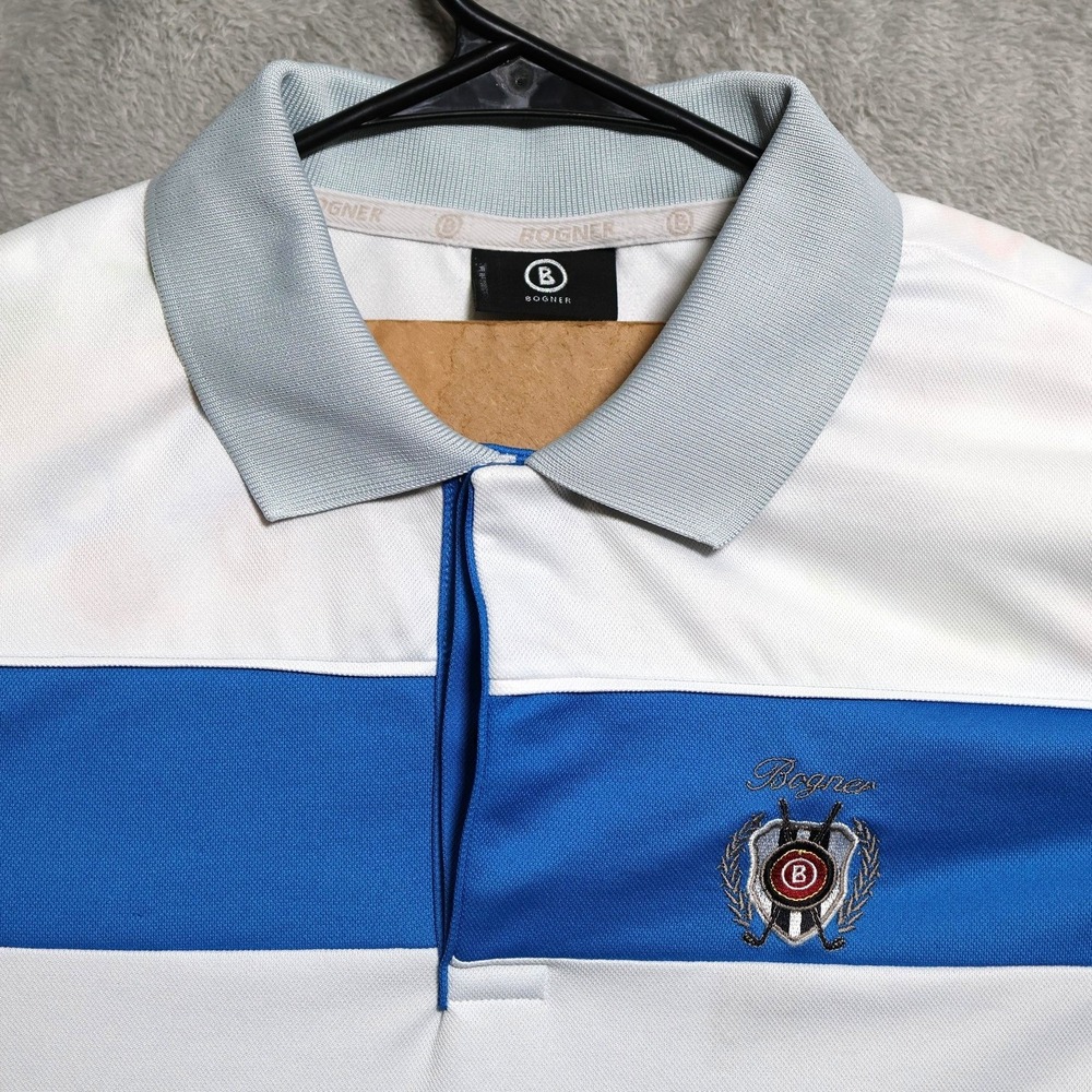 Bogner Polo Shirt Mens Medium Blue White Gray Performance Golf Crest Logo Preppy